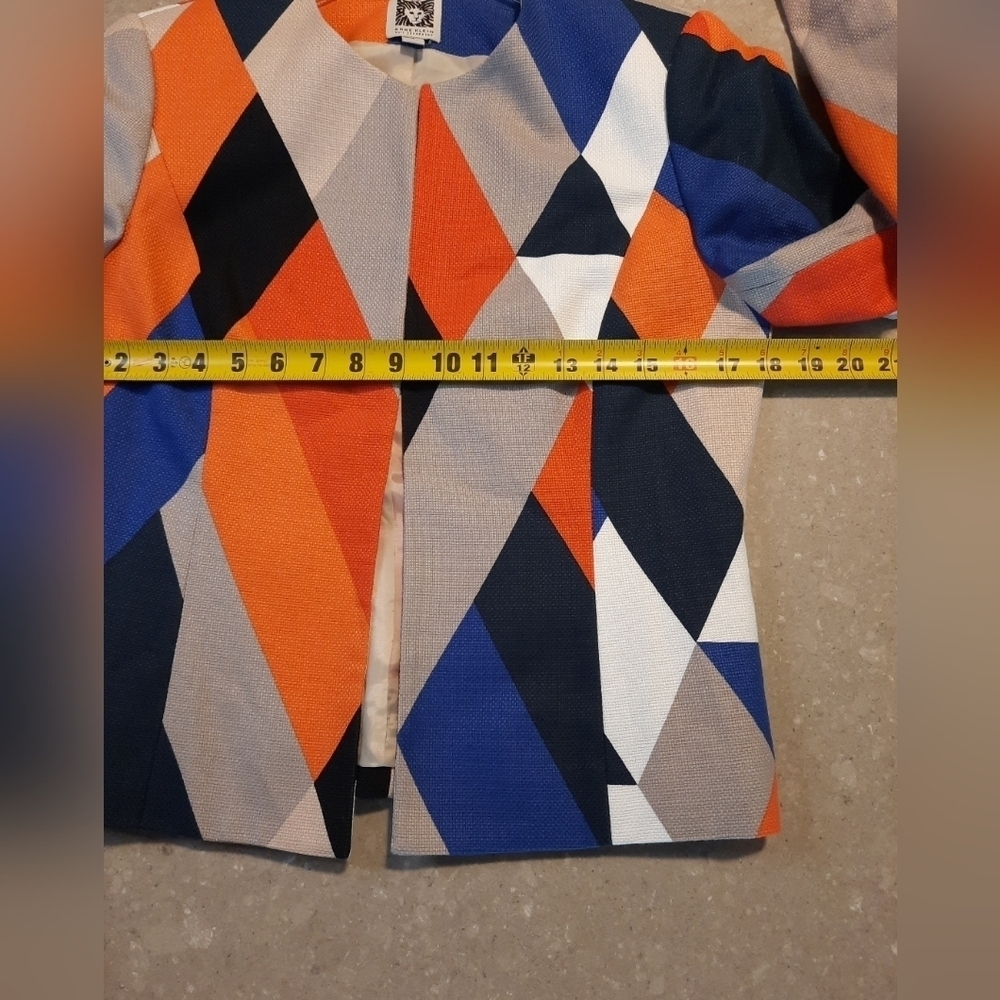 Anne Klein Blazer Open Front Geometric Blue Orange 100% Cotton Size 4 - Picture 8 of 12